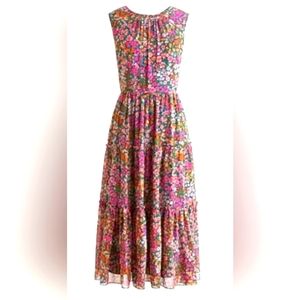 J. Crew Size XS Pink Tiered Micro Meadow Floral Print Sleeveless Midi Dress